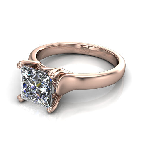 Faith princess-cut classic engagement ring in 18K Rose Gold, three-quarter perspective showing the princess-cut center diamond in a four-prong cathedral head on a polished band