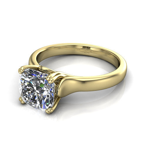 Faith cushion classic engagement ring in 18K Yellow Gold, three-quarter perspective showing the cushion center diamond in a four-prong cathedral head on a polished band