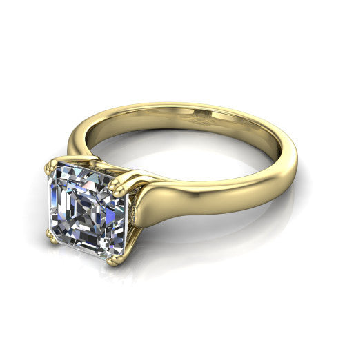 Faith square emerald-cut classic engagement ring in 14K Yellow Gold, three-quarter perspective showing the square emerald-cut center diamond in a four-prong cathedral head on a polished band