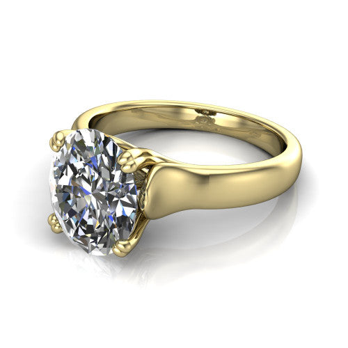 Faith oval classic engagement ring in 14K Yellow Gold, three-quarter perspective showing the oval center diamond in a four-prong cathedral head on a polished band