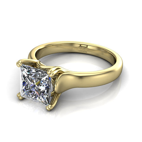Faith princess-cut classic engagement ring in 18K Yellow Gold, three-quarter perspective showing the princess-cut center diamond in a four-prong cathedral head on a polished band