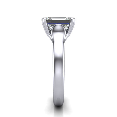 Faith emerald-cut classic engagement ring in 18K White Gold, side profile showing the cathedral setting and polished band in side view