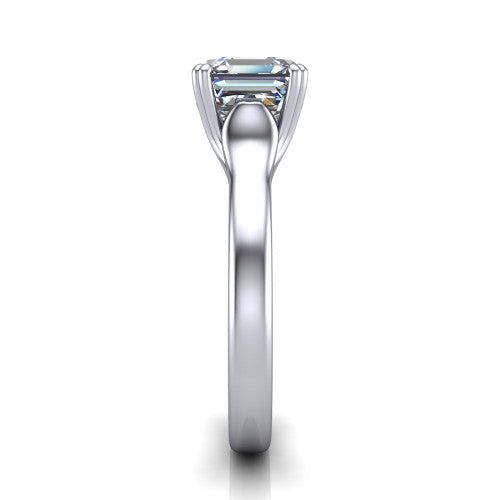 Faith square emerald-cut classic engagement ring in 14K White Gold, side profile showing the cathedral setting and polished band in side view