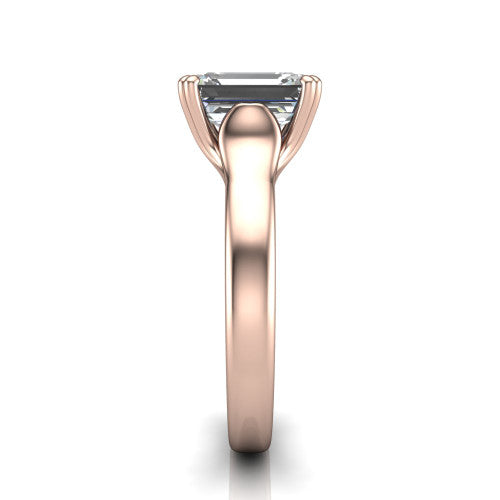 Faith emerald-cut classic engagement ring in 14K Rose Gold, side profile showing the cathedral setting and polished band in side view