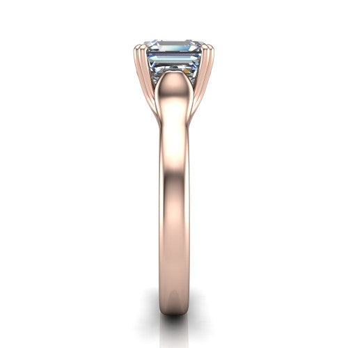 Faith square emerald-cut classic engagement ring in 18K Rose Gold, side profile showing the cathedral setting and polished band in side view