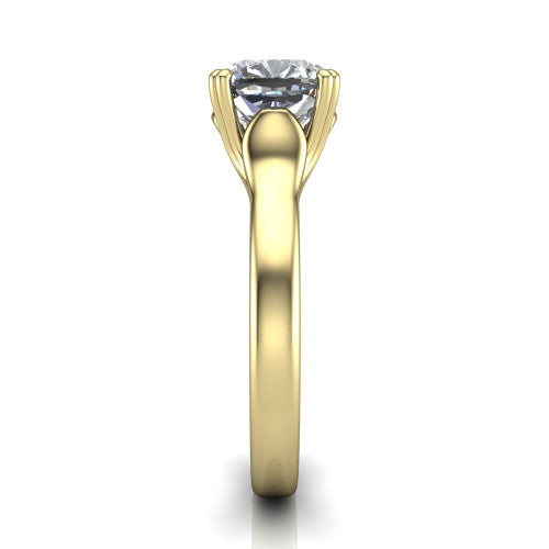 Faith cushion classic engagement ring in 14K Yellow Gold, side profile showing the cathedral setting and polished band in side view