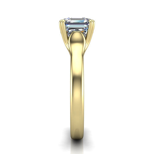 Faith square emerald-cut classic engagement ring in 18K Yellow Gold, side profile showing the cathedral setting and polished band in side view