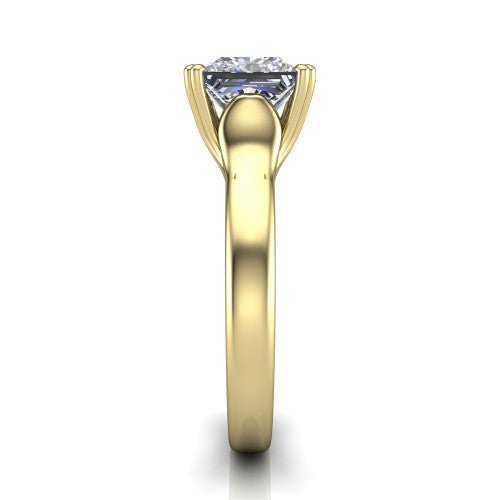 Faith princess-cut classic engagement ring in 18K Yellow Gold, side profile showing the cathedral setting and polished band in side view