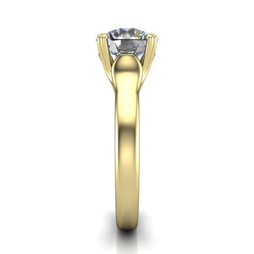 Faith round classic engagement ring in 14K Yellow Gold, side profile showing the cathedral setting and polished band in side view