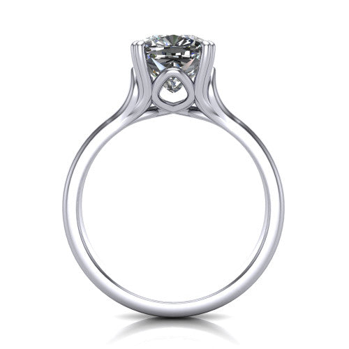Faith cushion classic engagement ring in Platinum, through-finger front profile showing the hidden accent and cathedral shoulders from the front