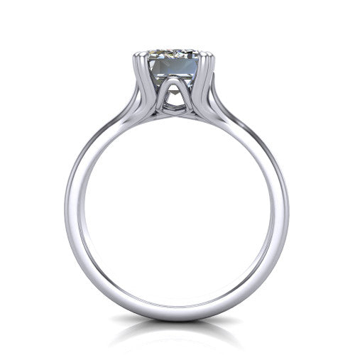 Faith emerald-cut classic engagement ring in 18K White Gold, through-finger front profile showing the hidden accent and cathedral shoulders from the front