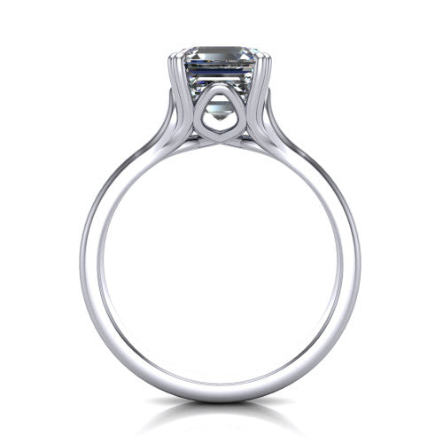 Faith square emerald-cut classic engagement ring in Platinum, through-finger front profile showing the hidden accent and cathedral shoulders from the front
