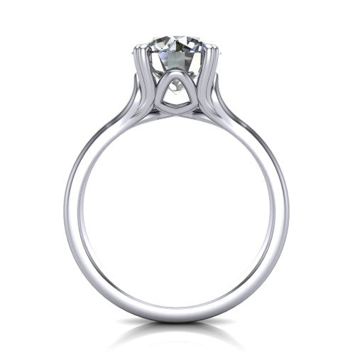 Faith round classic engagement ring in 18K White Gold, through-finger front profile showing the hidden accent and cathedral shoulders from the front