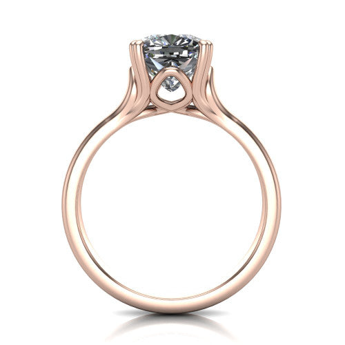 Faith cushion classic engagement ring in 18K Rose Gold, through-finger front profile showing the hidden accent and cathedral shoulders from the front