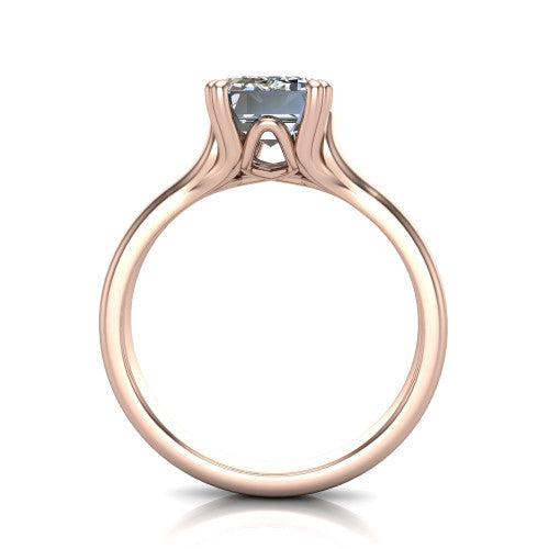Faith emerald-cut classic engagement ring in 18K Rose Gold, through-finger front profile showing the hidden accent and cathedral shoulders from the front