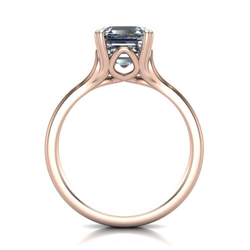 Faith square emerald-cut classic engagement ring in 14K Rose Gold, through-finger front profile showing the hidden accent and cathedral shoulders from the front