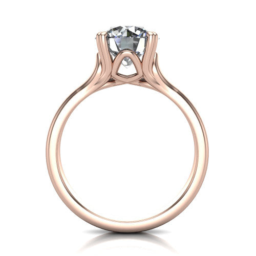 Faith round classic engagement ring in 18K Rose Gold, through-finger front profile showing the hidden accent and cathedral shoulders from the front