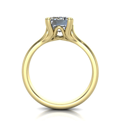 Faith emerald-cut classic engagement ring in 18K Yellow Gold, through-finger front profile showing the hidden accent and cathedral shoulders from the front