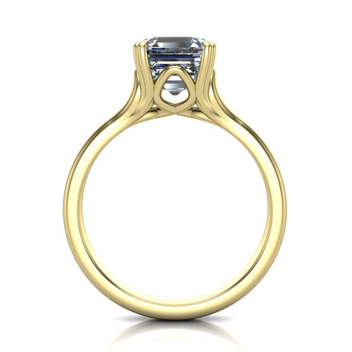 Faith square emerald-cut classic engagement ring in 18K Yellow Gold, through-finger front profile showing the hidden accent and cathedral shoulders from the front