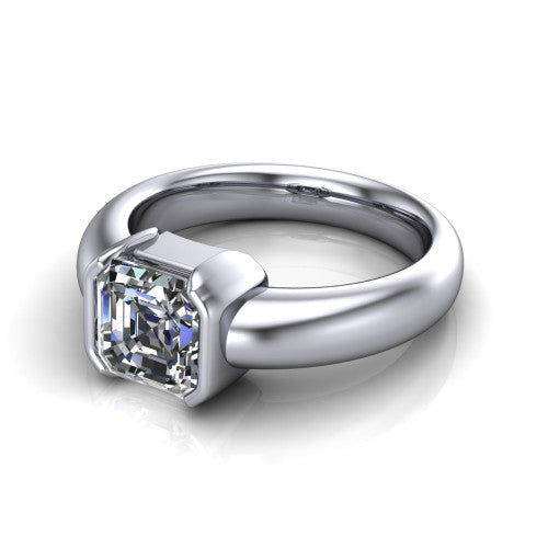 Morgan square emerald-cut classic engagement ring in Platinum, three-quarter perspective showing the square emerald-cut center diamond in a half-bezel on a wide polished band