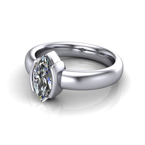 Morgan marquise classic engagement ring in 18K White Gold, three-quarter perspective showing the marquise center diamond in a half-bezel on a wide polished band