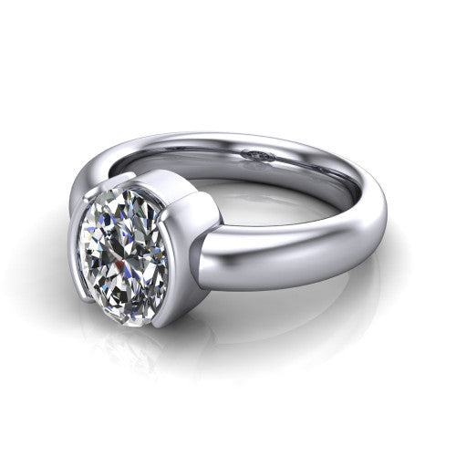 Morgan oval classic engagement ring in 14K White Gold, three-quarter perspective showing the oval center diamond in a half-bezel on a wide polished band