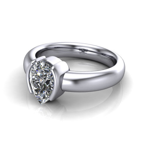 Morgan pear classic engagement ring in 18K White Gold, three-quarter perspective showing the pear center diamond in a half-bezel on a wide polished band