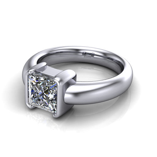 Morgan princess-cut classic engagement ring in Platinum, three-quarter perspective showing the princess-cut center diamond in a half-bezel on a wide polished band