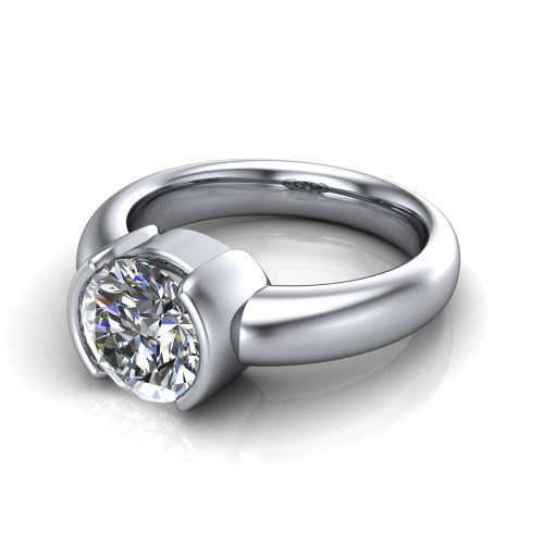 Morgan round classic engagement ring in Platinum, three-quarter perspective showing the round center diamond in a half-bezel on a wide polished band
