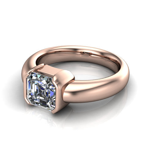 Morgan square emerald-cut classic engagement ring in 18K Rose Gold, three-quarter perspective showing the square emerald-cut center diamond in a half-bezel on a wide polished band