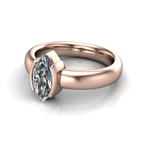 Morgan marquise classic engagement ring in 18K Rose Gold, three-quarter perspective showing the marquise center diamond in a half-bezel on a wide polished band