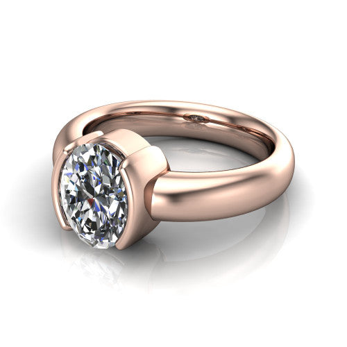 Morgan oval classic engagement ring in 18K Rose Gold, three-quarter perspective showing the oval center diamond in a half-bezel on a wide polished band