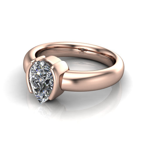 Morgan pear classic engagement ring in 18K Rose Gold, three-quarter perspective showing the pear center diamond in a half-bezel on a wide polished band