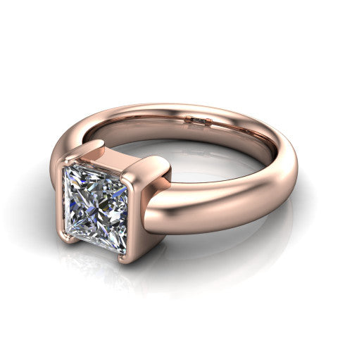 Morgan princess-cut classic engagement ring in 18K Rose Gold, three-quarter perspective showing the princess-cut center diamond in a half-bezel on a wide polished band