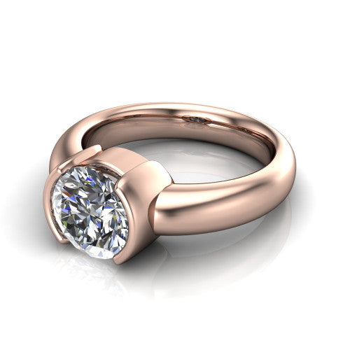 Morgan round classic engagement ring in 14K Rose Gold, three-quarter perspective showing the round center diamond in a half-bezel on a wide polished band