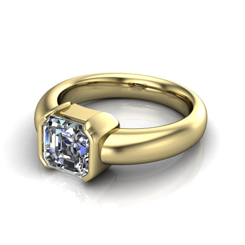 Morgan square emerald-cut classic engagement ring in 18K Yellow Gold, three-quarter perspective showing the square emerald-cut center diamond in a half-bezel on a wide polished band