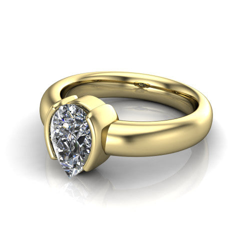 Morgan pear classic engagement ring in 14K Yellow Gold, three-quarter perspective showing the pear center diamond in a half-bezel on a wide polished band