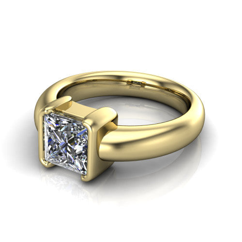 Morgan princess-cut classic engagement ring in 18K Yellow Gold, three-quarter perspective showing the princess-cut center diamond in a half-bezel on a wide polished band
