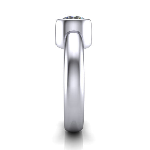 Morgan round classic engagement ring in Platinum, side profile showing the half-bezel and wide polished band in side view