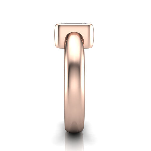 Morgan emerald-cut classic engagement ring in 14K Rose Gold, side profile showing the half-bezel and wide polished band in side view