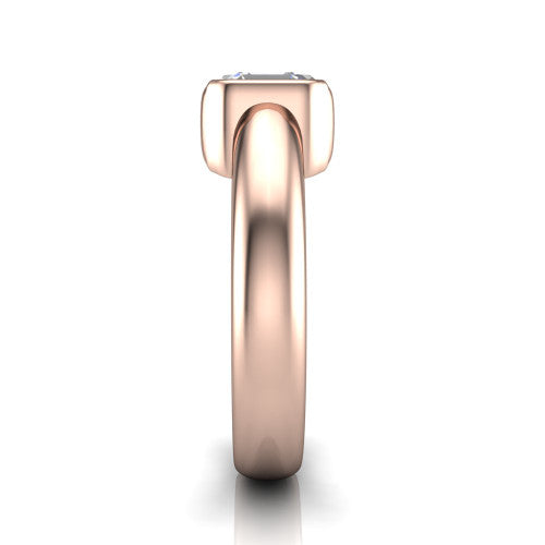 Morgan square emerald-cut classic engagement ring in 18K Rose Gold, side profile showing the half-bezel and wide polished band in side view