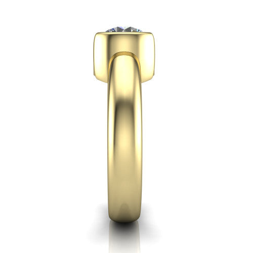 Morgan round classic engagement ring in 14K Yellow Gold, side profile showing the half-bezel and wide polished band in side view