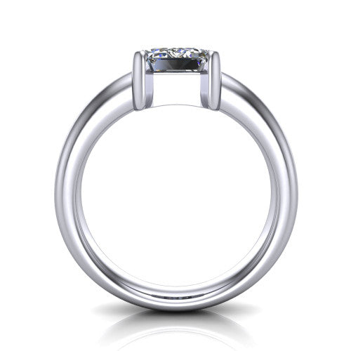 Morgan emerald-cut classic engagement ring in 18K White Gold, through-finger front profile showing the half-bezel setting and wide band from the front