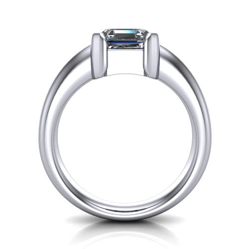 Morgan square emerald-cut classic engagement ring in 18K White Gold, through-finger front profile showing the half-bezel setting and wide band from the front