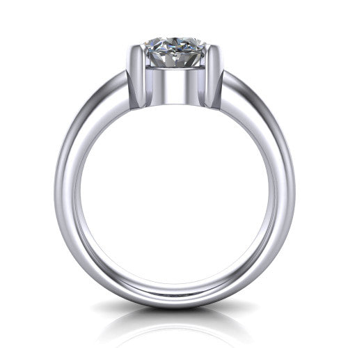 Morgan oval classic engagement ring in 18K White Gold, through-finger front profile showing the half-bezel setting and wide band from the front