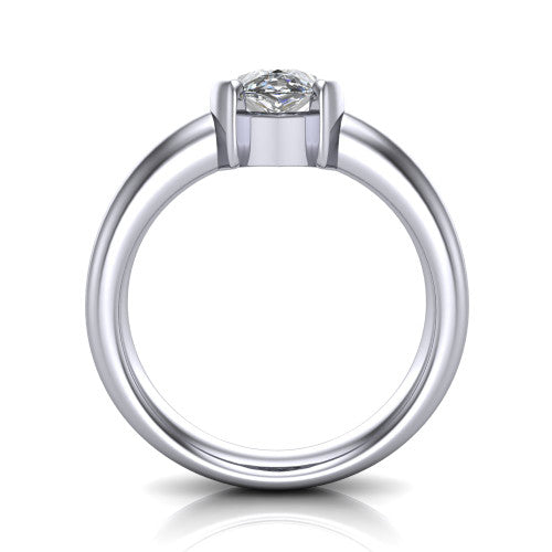 Morgan pear classic engagement ring in 18K White Gold, through-finger front profile showing the half-bezel setting and wide band from the front
