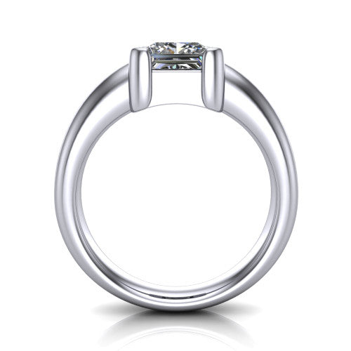 Morgan princess-cut classic engagement ring in 18K White Gold, through-finger front profile showing the half-bezel setting and wide band from the front