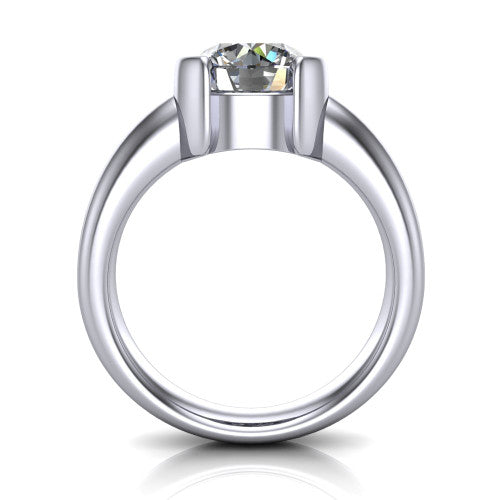 Morgan round classic engagement ring in Platinum, through-finger front profile showing the half-bezel setting and wide band from the front