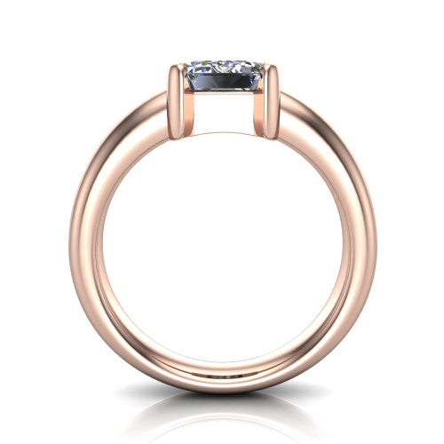 Morgan emerald-cut classic engagement ring in 14K Rose Gold, through-finger front profile showing the half-bezel setting and wide band from the front