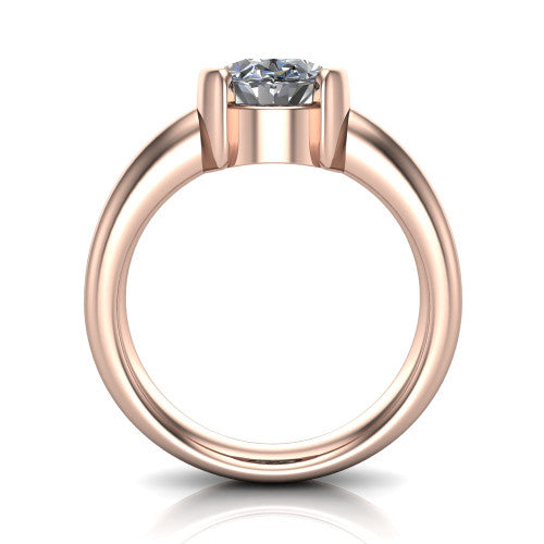 Morgan oval classic engagement ring in 14K Rose Gold, through-finger front profile showing the half-bezel setting and wide band from the front